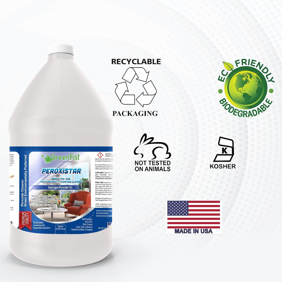 GreenFist Hydrogen Peroxide All Purpose Cleaner, Ready to Use, 1 Gallon (Glass, Carpet and Stain Remover)
