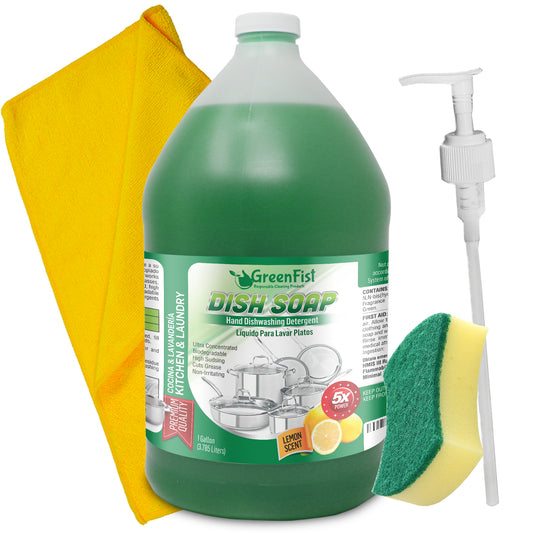 GreenFist Green Dish Soap, Lemon Scent – Pot & Pan Liquid Detergent Refill, 1 Gallon (128 oz) with Sponge, Pump & Microfiber Towel