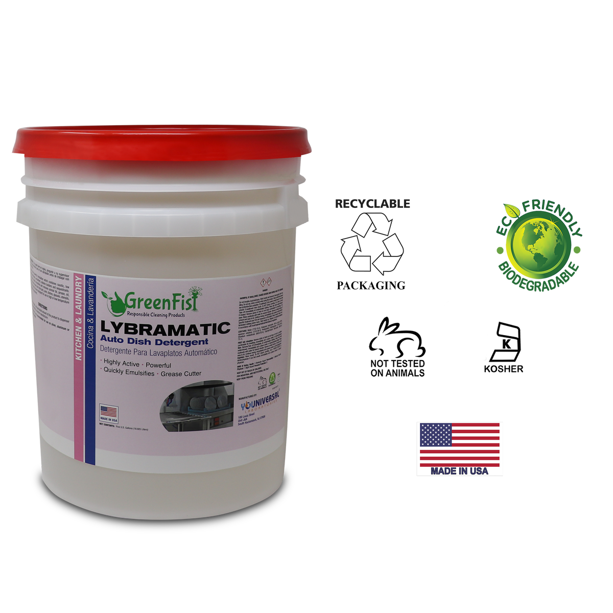 Lybramatic | Commercial Industrial Grade Dishwasher [Ready-to-Use] Detergent ,5 Gallon Pail - GreenFist